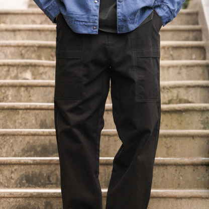 美式復古白色休閒褲男精梳棉半鬆緊腰直筒休閒工裝長褲