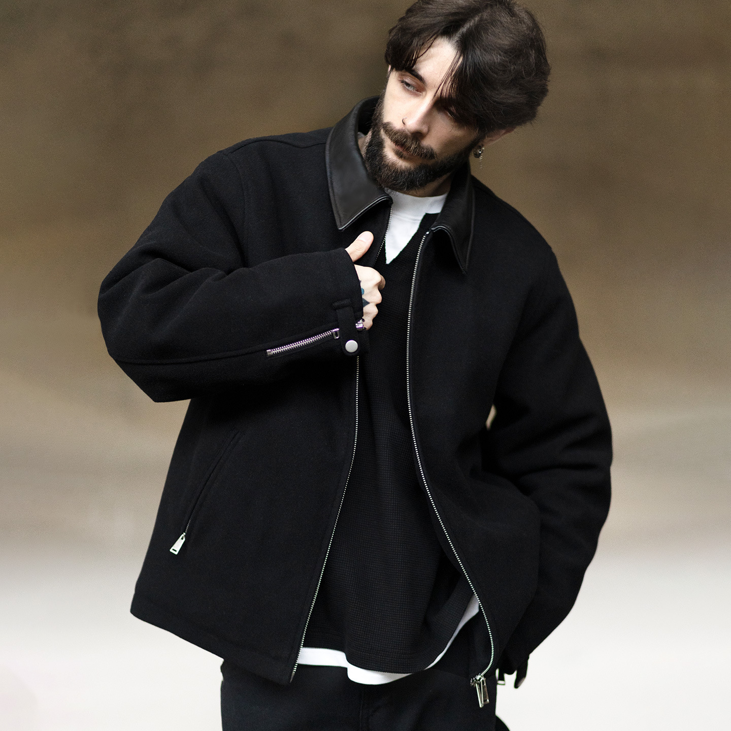 MRA雙拉鍊毛呢棉衣服羊皮領面拼接短款外套加絨行政夾克男冬