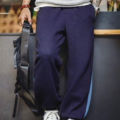 美式休閒訓練衛褲運動華夫格束腳褲鬆緊腰藍色長褲子男秋