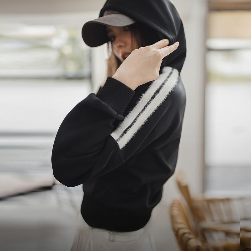 空氣層hoodie開衫外套條紋毛絨拼接衛衣春季運動通勤上衣女