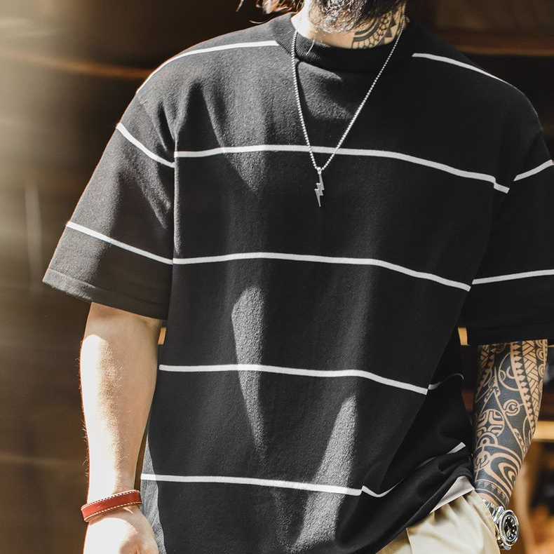 美式休閒黑白撞色條紋T恤Cityboy半袖日系圓領短袖男夏