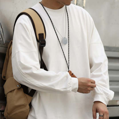 美式休閒重磅拼接袖籠長袖T恤男純棉寬鬆圓領磨瓷白色打底衫-Retro's Wear