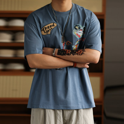 騎行青蛙趣味刺繡印花短袖T恤男美式休閒寬鬆圓領TEE夏