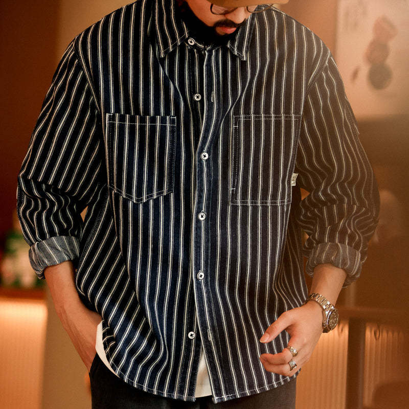 美式復古豎條紋襯衫男微寬長袖口袋戶外休閒牛仔襯衣外套-Retro's Wear