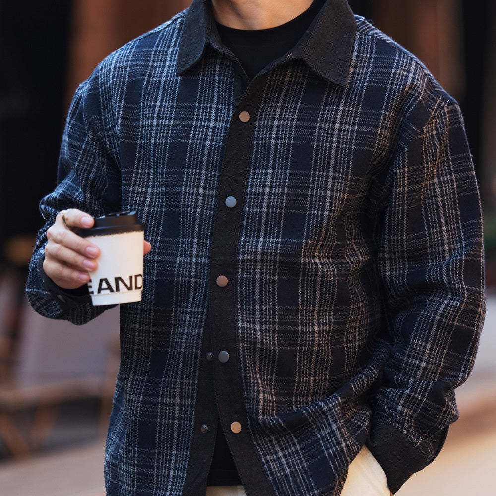 日系復古牛仔拼接格子襯衫男寬鬆羊毛混紡長袖襯衣外套