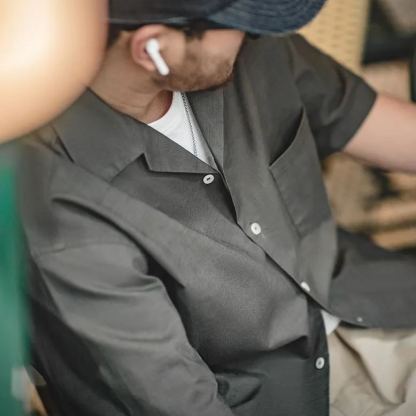 馬登工裝巴領寬鬆短袖襯衫透氣哢嘰休閒男寸衣痞帥夏山系-Retro's Wear