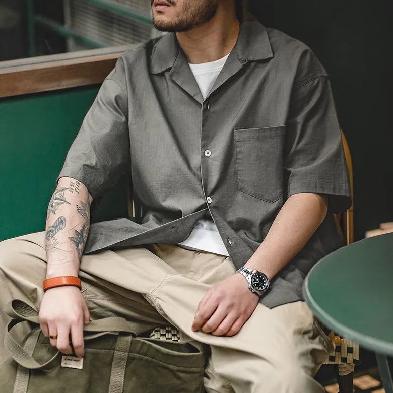 馬登工裝巴領寬鬆短袖襯衫透氣哢嘰休閒男寸衣痞帥夏山系-Retro's Wear