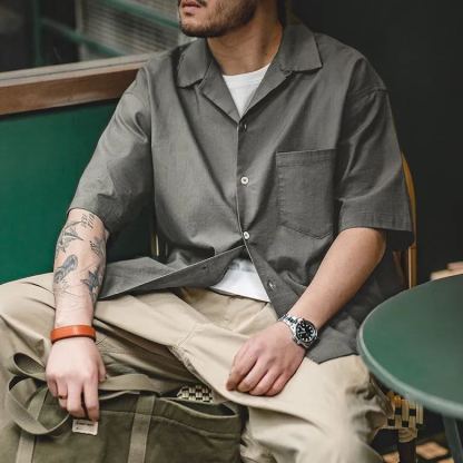 馬登工裝巴領寬鬆短袖襯衫透氣哢嘰休閒男寸衣痞帥夏山系-Retro's Wear