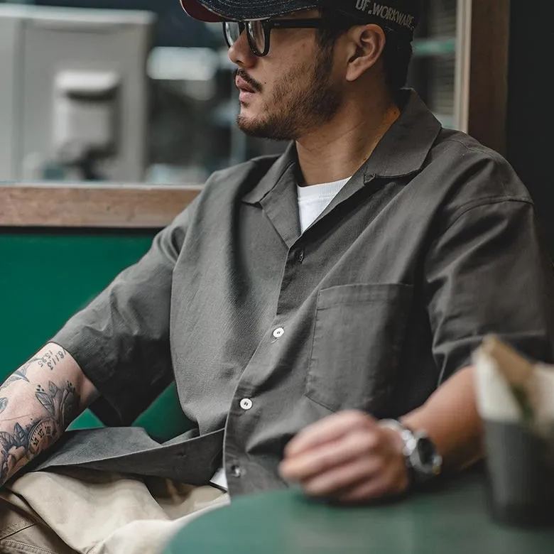 馬登工裝巴領寬鬆短袖襯衫透氣哢嘰休閒男寸衣痞帥夏山系-Retro's Wear