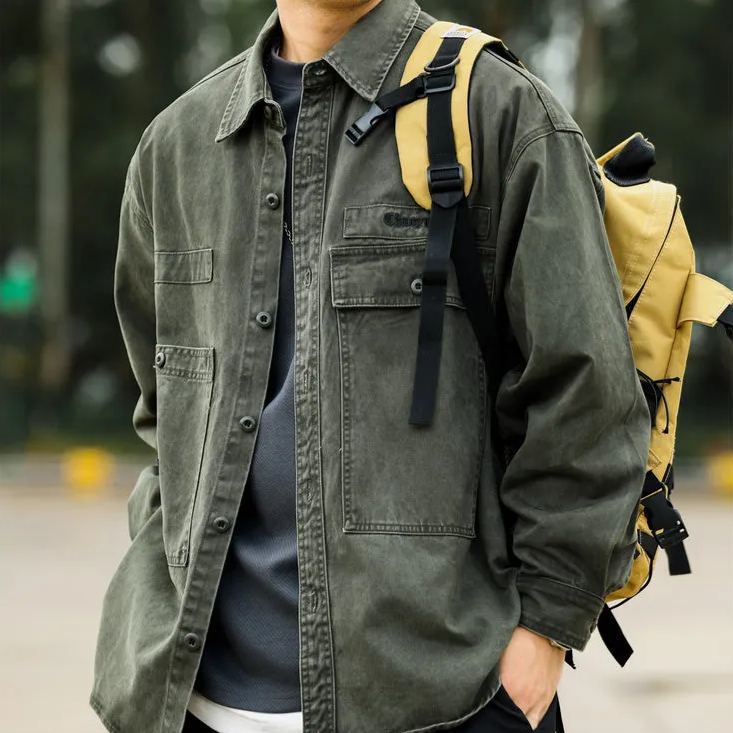 美式復古硬漢帆布工裝襯衫夾克純棉磨毛外穿重磅獵裝外套秋-Retro's Wear