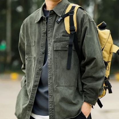 美式復古硬漢帆布工裝襯衫夾克純棉磨毛外穿重磅獵裝外套秋-Retro's Wear