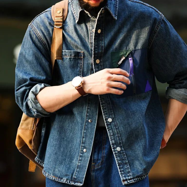 美式復古賽絡紡牛仔襯衫男戶外撞色拼接口袋工裝襯衣外套秋-Retro's Wear