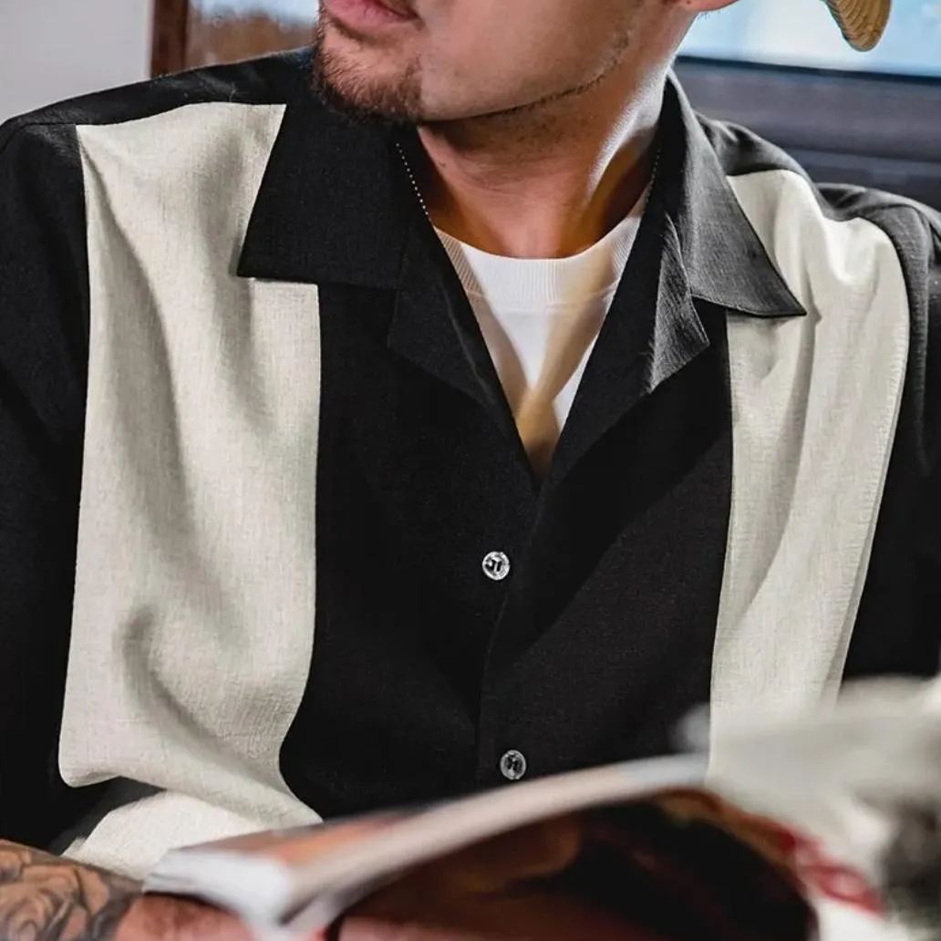 馬登工裝襯衫拼接古巴領短袖紗織水洗仿貝扣寬鬆男春夏上裝-Retro's Wear