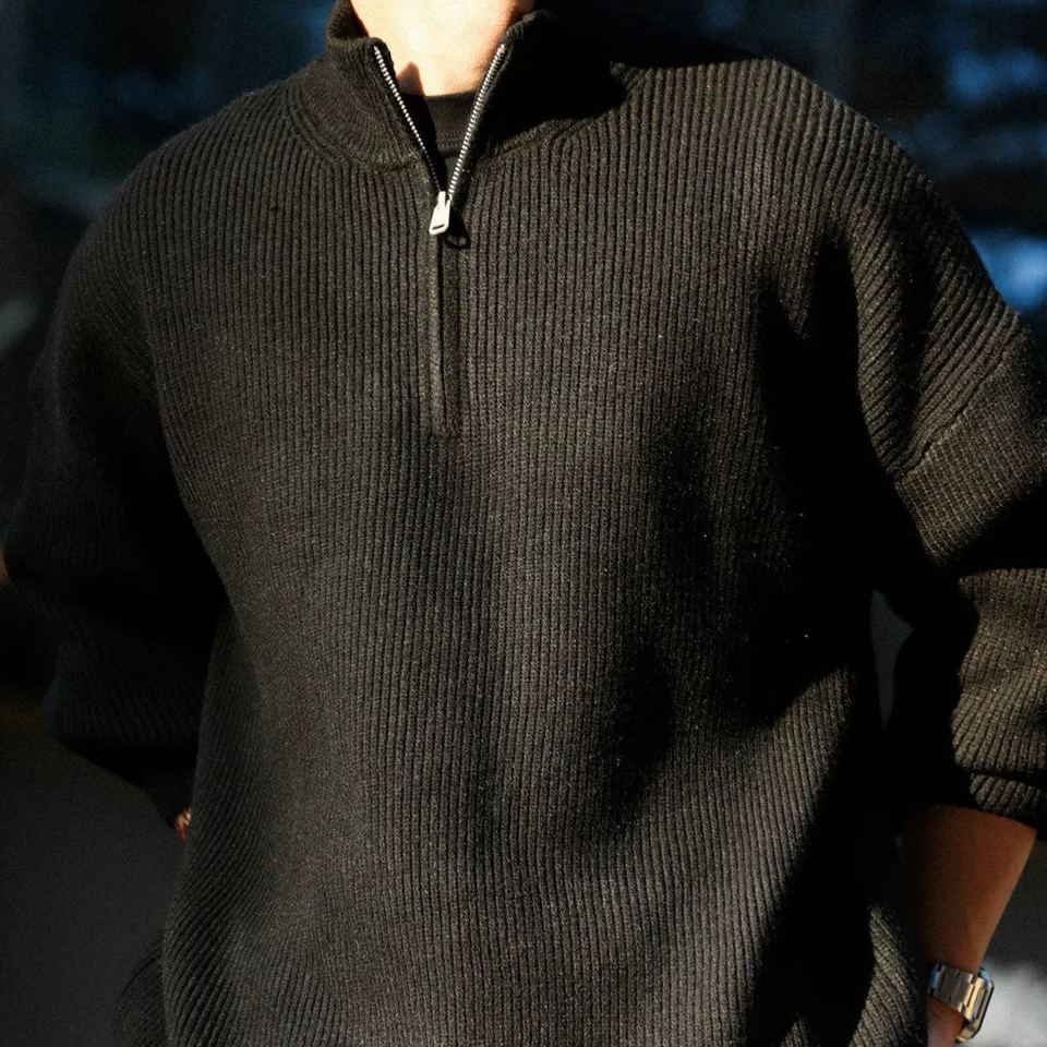 美式休閒半拉鍊立領保暖毛衣男700g復古慵懶風針織衫冬-Retro's Wear