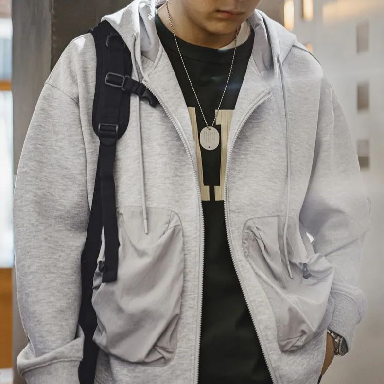 美式休閒氣層開衫毛衣拼接口袋運動拉鍊連帽外套男秋冬