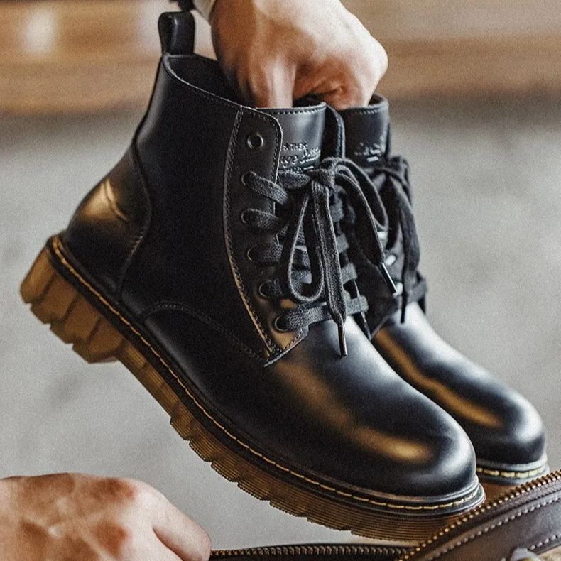 (軟皮)馬丁靴男中幫加絨雪地靴子黑色高幫棉鞋休閒軟皮工裝