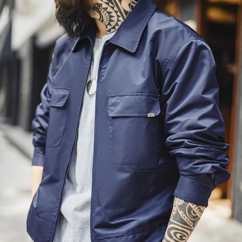 美式復古海軍藍刺繡夾克字母翻領拉鍊尼龍休閒外套男秋冬