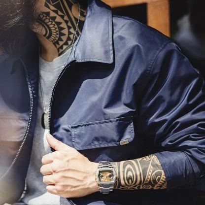 美式復古海軍藍刺繡夾克字母翻領拉鍊尼龍休閒外套男秋冬