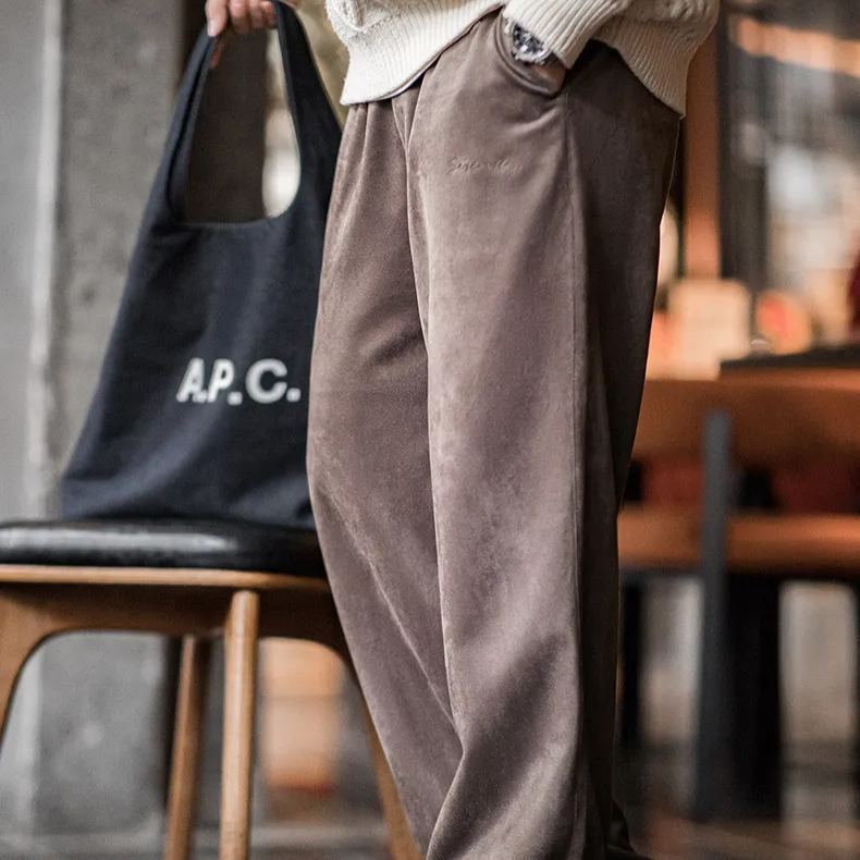美式休閒磨毛麂皮衛褲慵懶風寬鬆垂感直筒闊腿褲子男秋冬