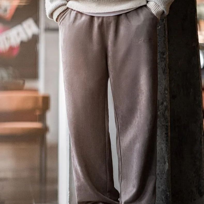 美式休閒磨毛麂皮衛褲慵懶風寬鬆垂感直筒闊腿褲子男秋冬