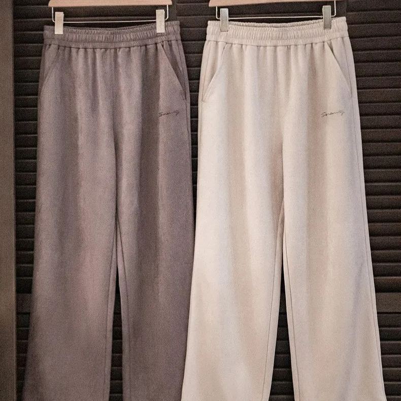 美式休閒磨毛麂皮衛褲慵懶風寬鬆垂感直筒闊腿褲子男秋冬