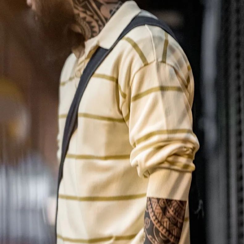 美式休閒條紋針織polo衫撞色翻領半開襟寬鬆長袖T恤男春