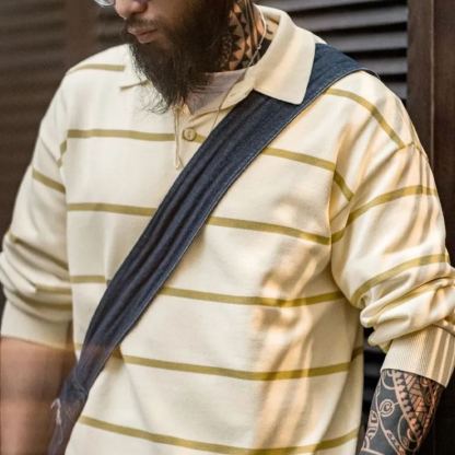 美式休閒條紋針織polo衫撞色翻領半開襟寬鬆長袖T恤男春