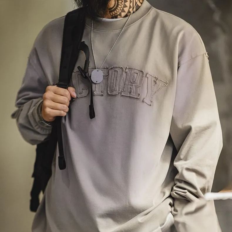 美式復古字母貼布衛衣漸變色水洗做舊寬鬆圓領T恤男春季