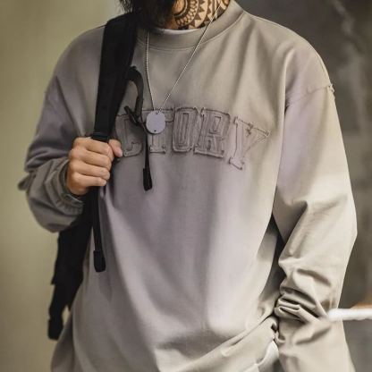 美式復古字母貼布衛衣漸變色水洗做舊寬鬆圓領T恤男春季