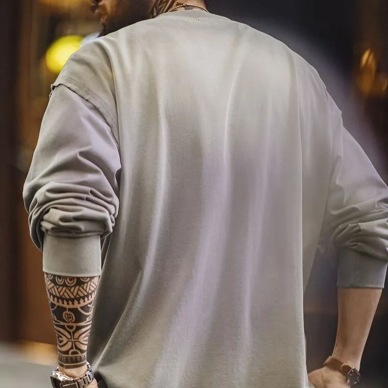 美式復古字母貼布衛衣漸變色水洗做舊寬鬆圓領T恤男春季