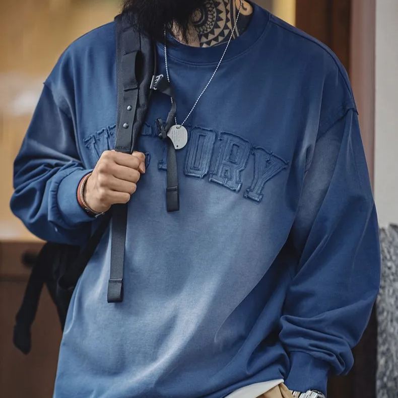 美式復古字母貼布衛衣漸變色水洗做舊寬鬆圓領T恤男春季