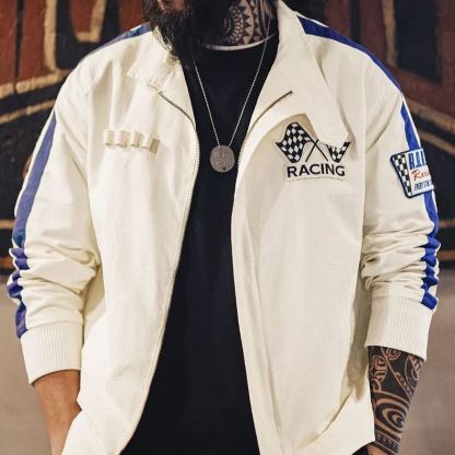 美式復古拼色刺繡賽車夾克F1車手服休閒棒球領外套男春