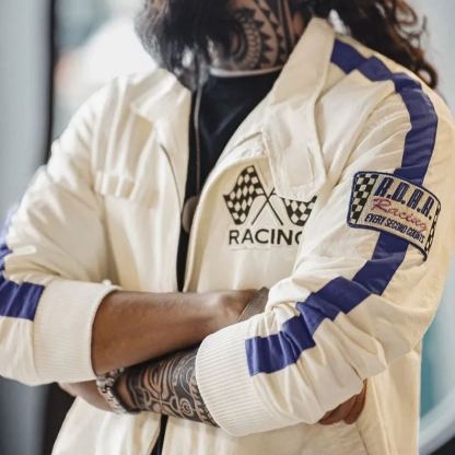 美式復古拼色刺繡賽車夾克F1車手服休閒棒球領外套男春