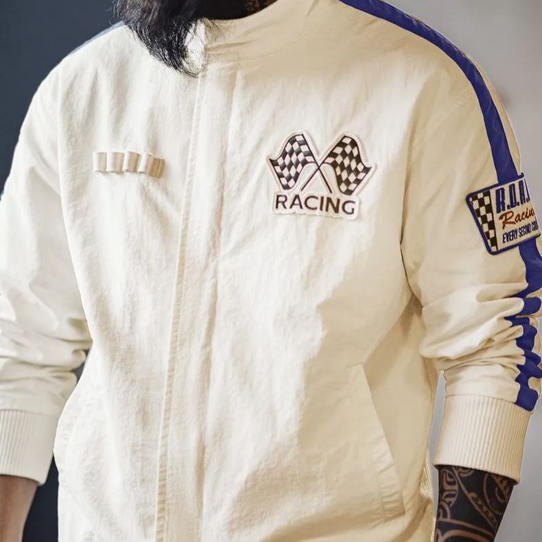 美式復古拼色刺繡賽車夾克F1車手服休閒棒球領外套男春