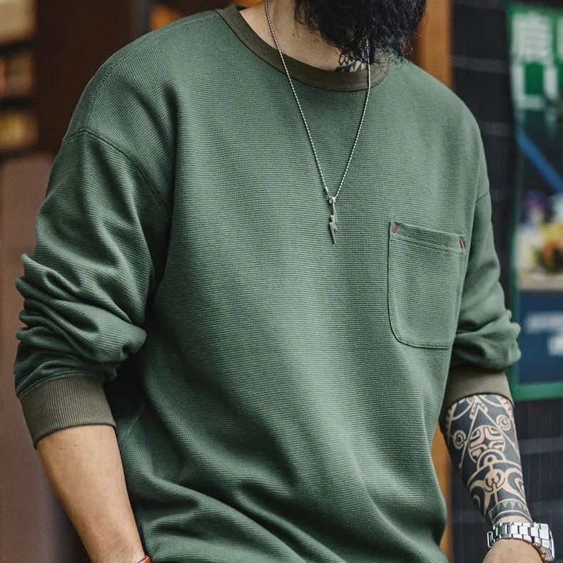 美式休閒華夫格口袋T恤圓領套頭衛衣寬鬆長袖上衣男春季