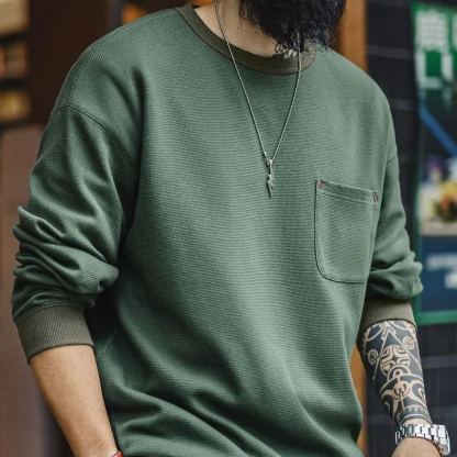 美式休閒華夫格口袋T恤圓領套頭衛衣寬鬆長袖上衣男春季