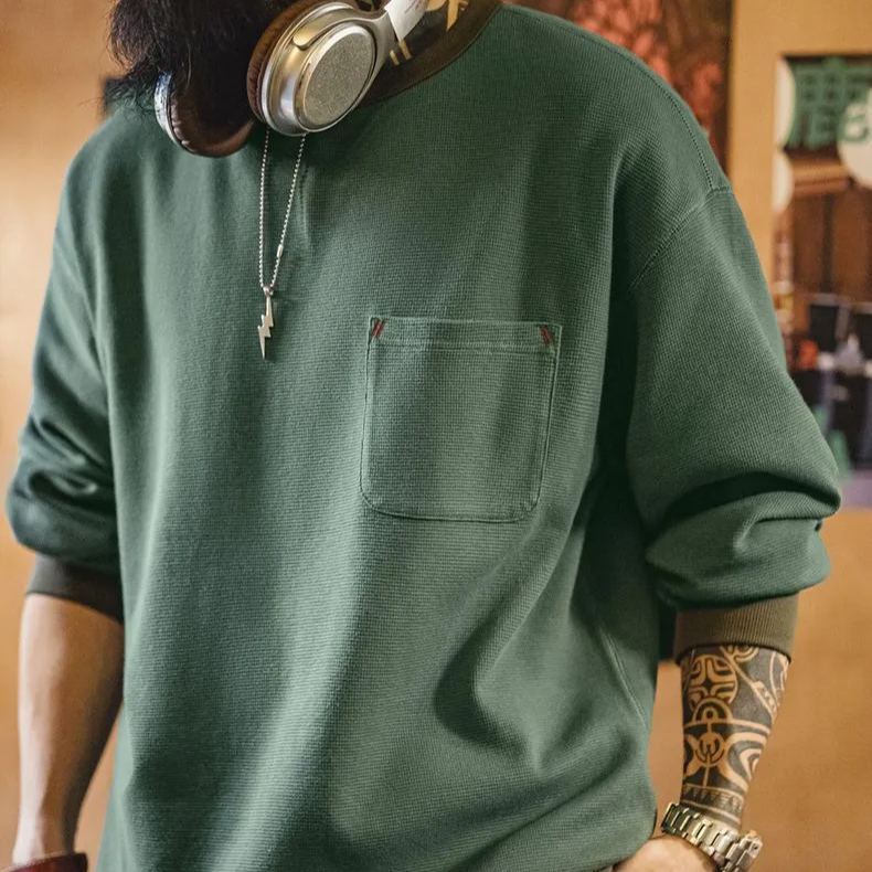 美式休閒華夫格口袋T恤圓領套頭衛衣寬鬆長袖上衣男春季