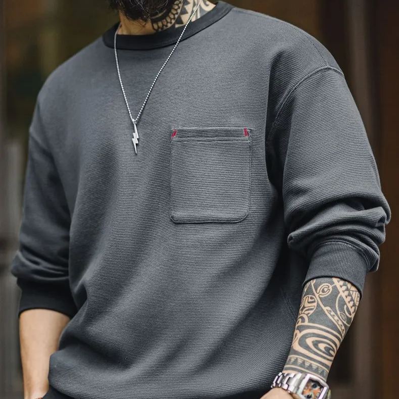 美式休閒華夫格口袋T恤圓領套頭衛衣寬鬆長袖上衣男春季