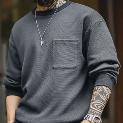 美式休閒華夫格口袋T恤圓領套頭衛衣寬鬆長袖上衣男春季