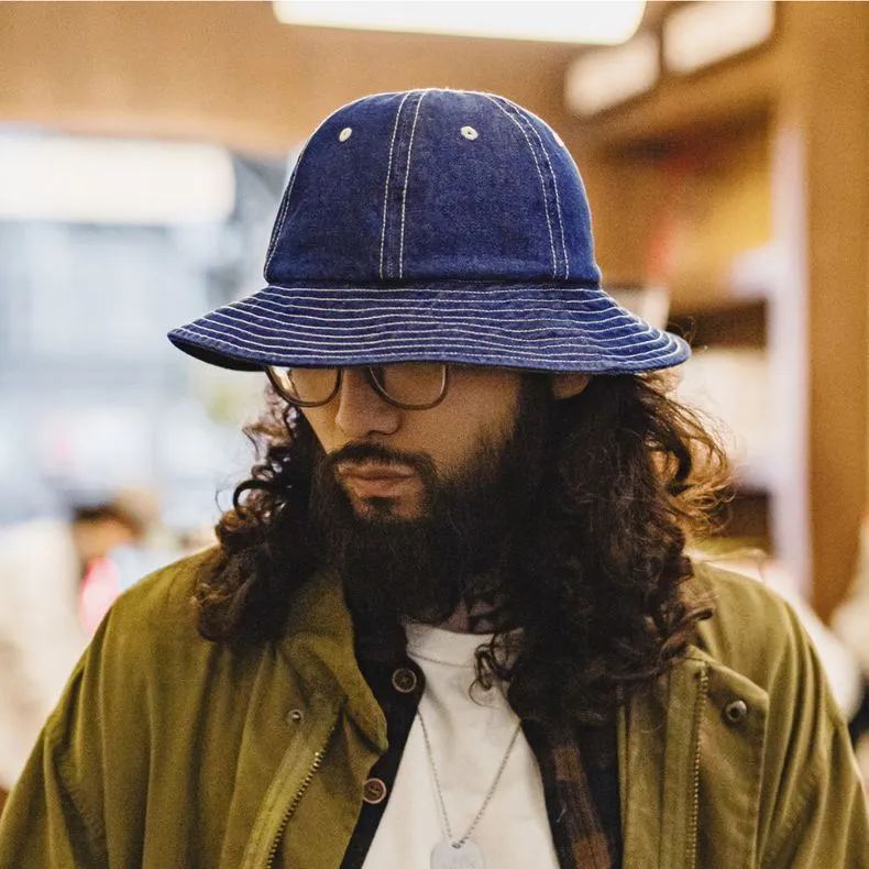 美式復古丹寧牛仔漁夫帽寬帽檐咔嘰圓頂遮陽帽盆帽男女