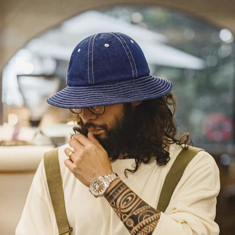 美式復古丹寧牛仔漁夫帽寬帽檐咔嘰圓頂遮陽帽盆帽男女