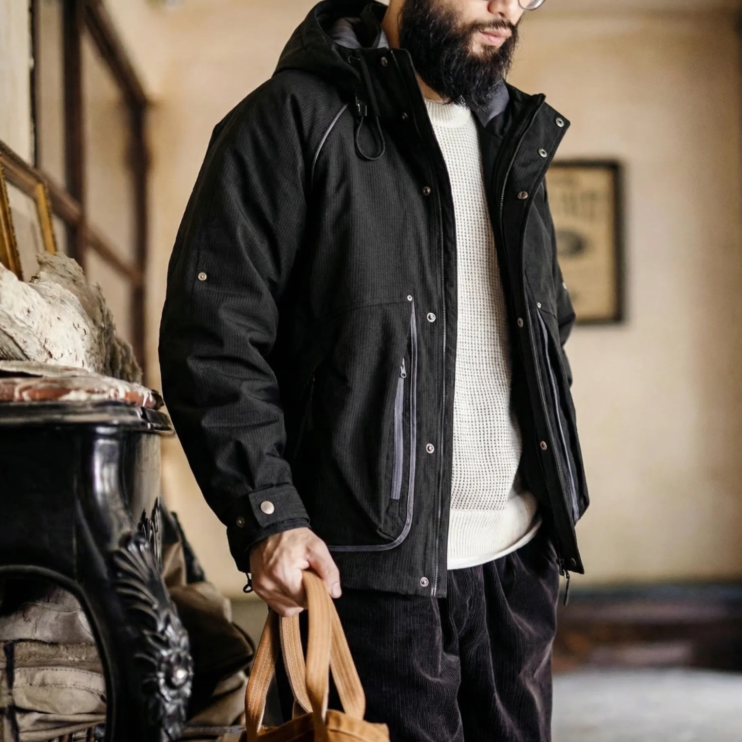 冬季機能風連帽羽絨工裝保暖90白鴨絨外套