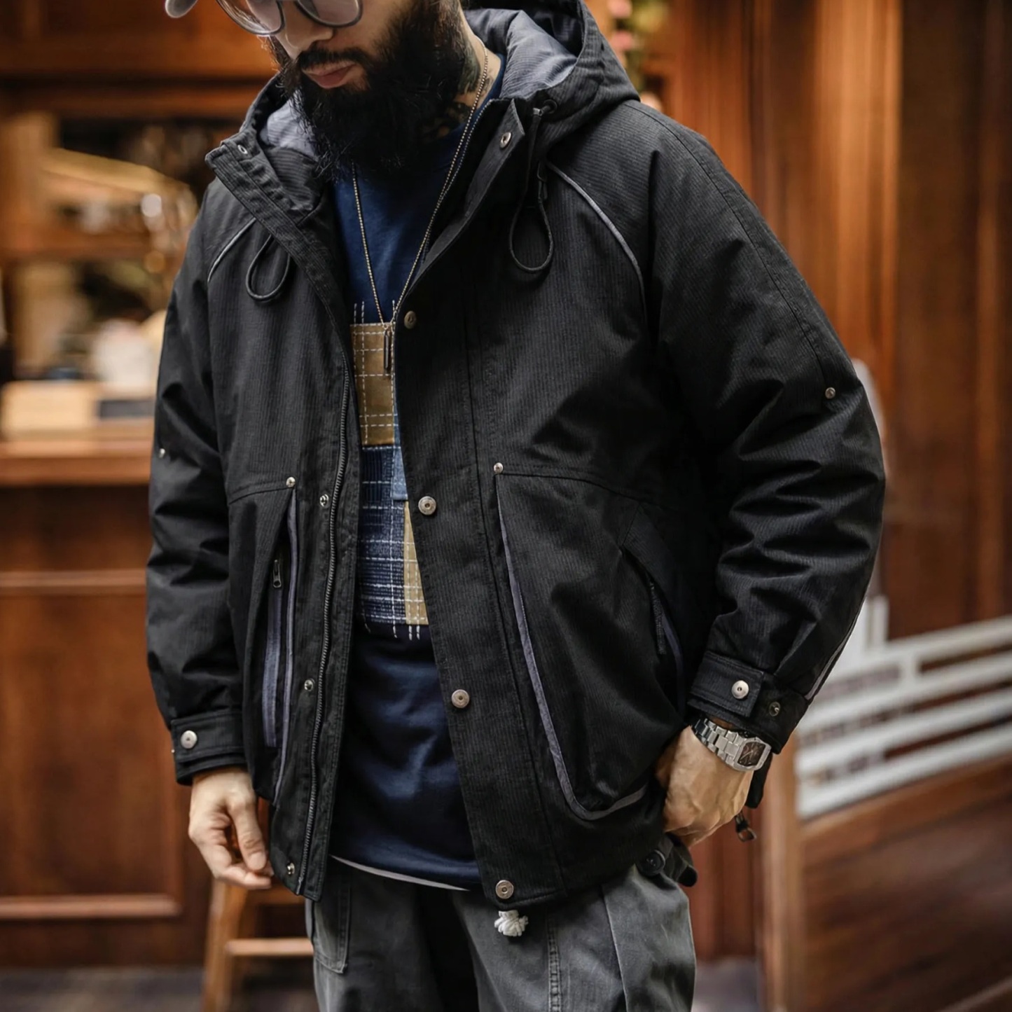 冬季機能風連帽羽絨工裝保暖90白鴨絨外套