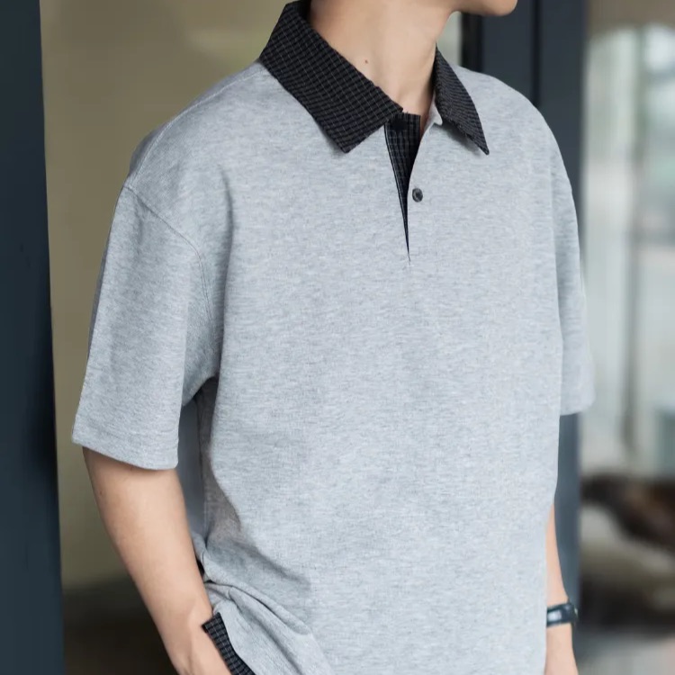 假兩件翻領POLO衫短袖夏季新款痞帥T恤落肩寬鬆上衣