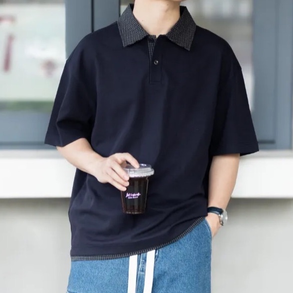假兩件翻領POLO衫短袖夏季新款痞帥T恤落肩寬鬆上衣