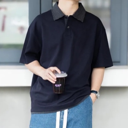 假兩件翻領POLO衫短袖夏季新款痞帥T恤落肩寬鬆上衣