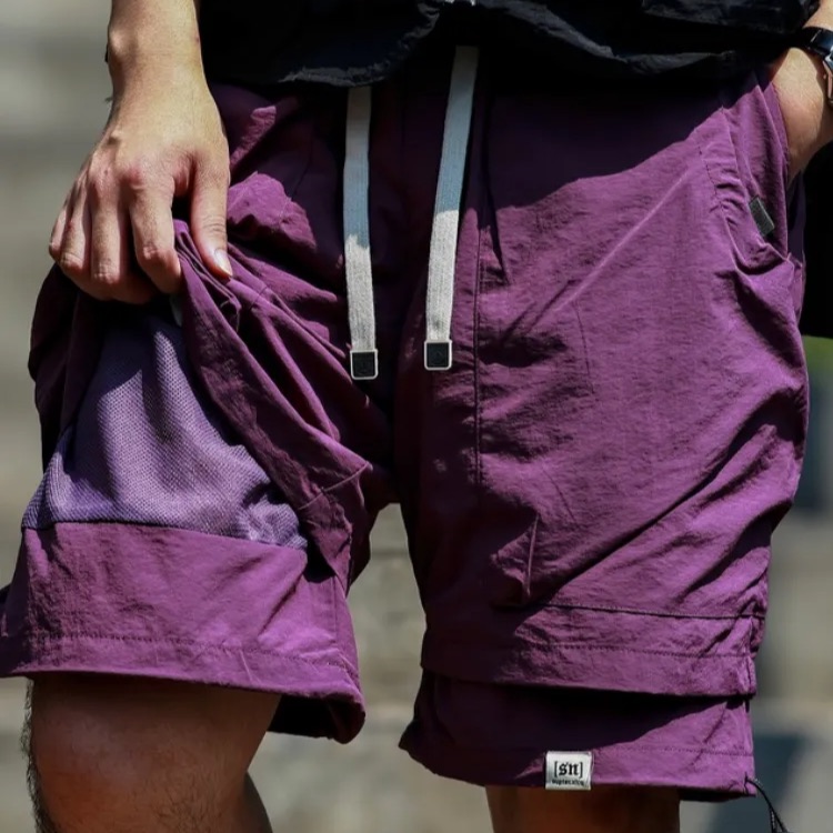 假兩件戶外機能工裝短褲男夏季薄款冰絲速乾美式五分褲男