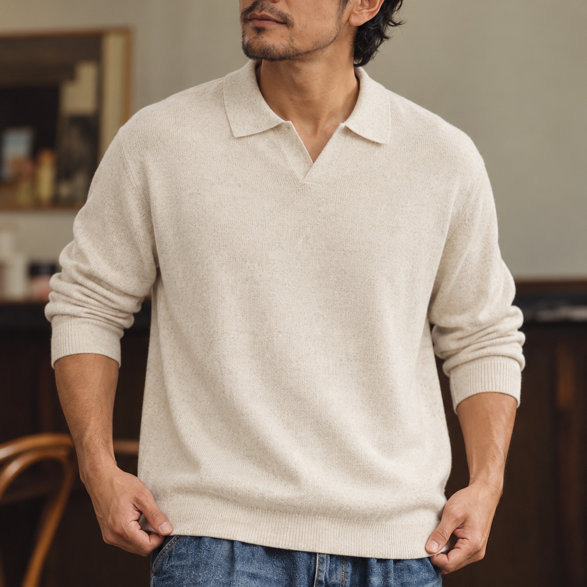 麻感開領素色針織長袖上衣 · S01