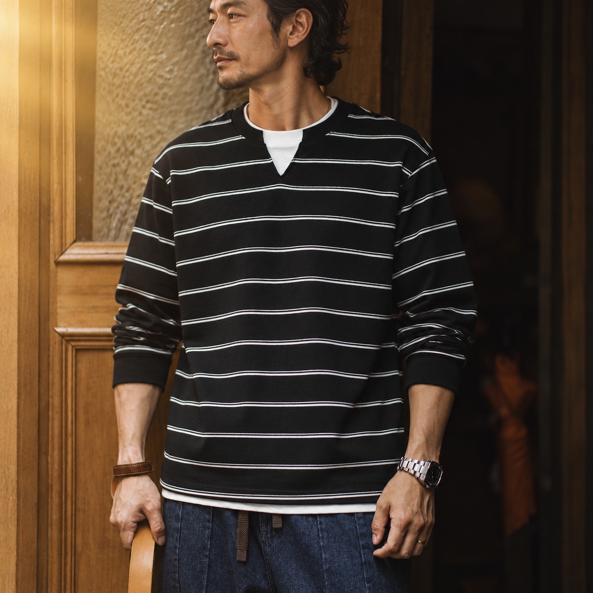 細條紋小V領假兩件長袖上衣｜男士休閒長袖 · S01