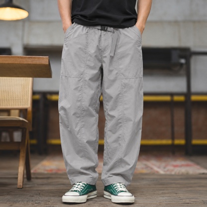日系工裝附腰帶九分休閒褲男士皺感暗格紋寬鬆微錐多口袋長褲 · S01